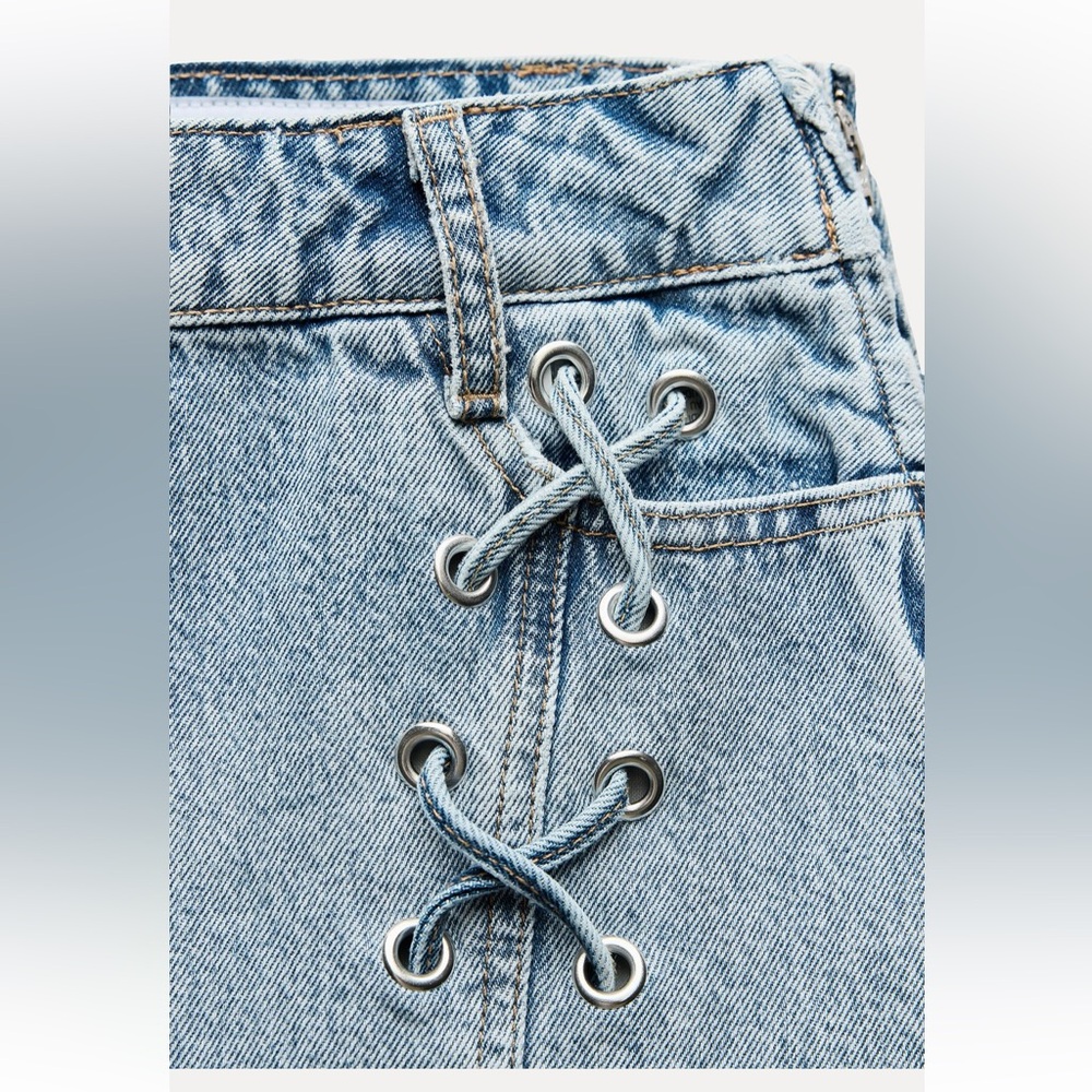 Zara NWT denim jean mini skirt with lace lacing detail - Picture 8 of 9